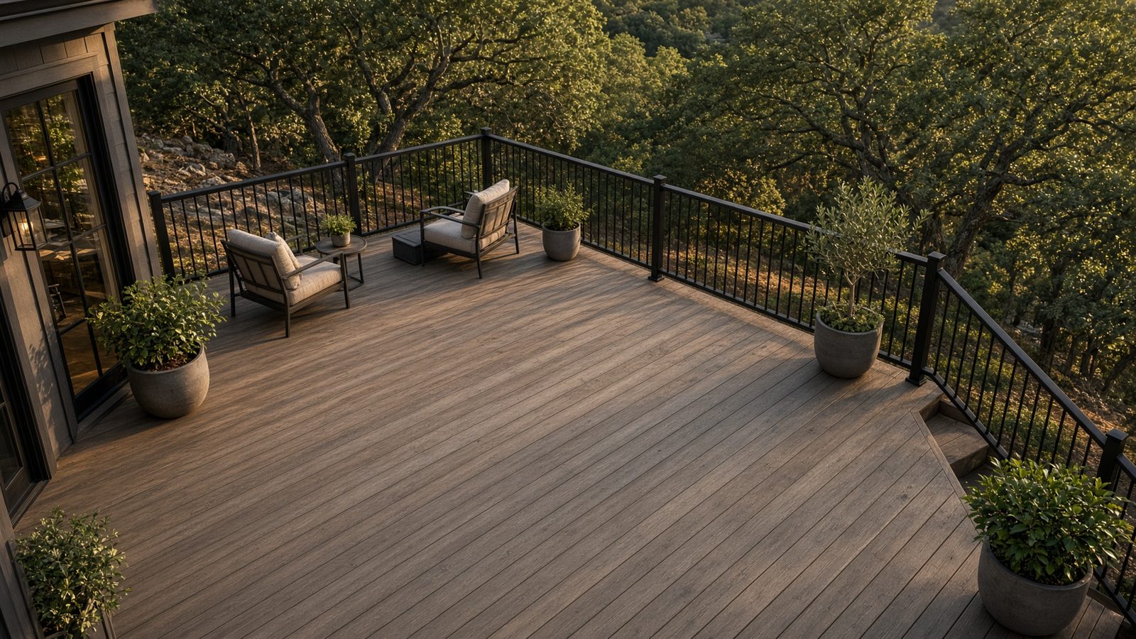 Outdoor deck and seating beneath mature trees