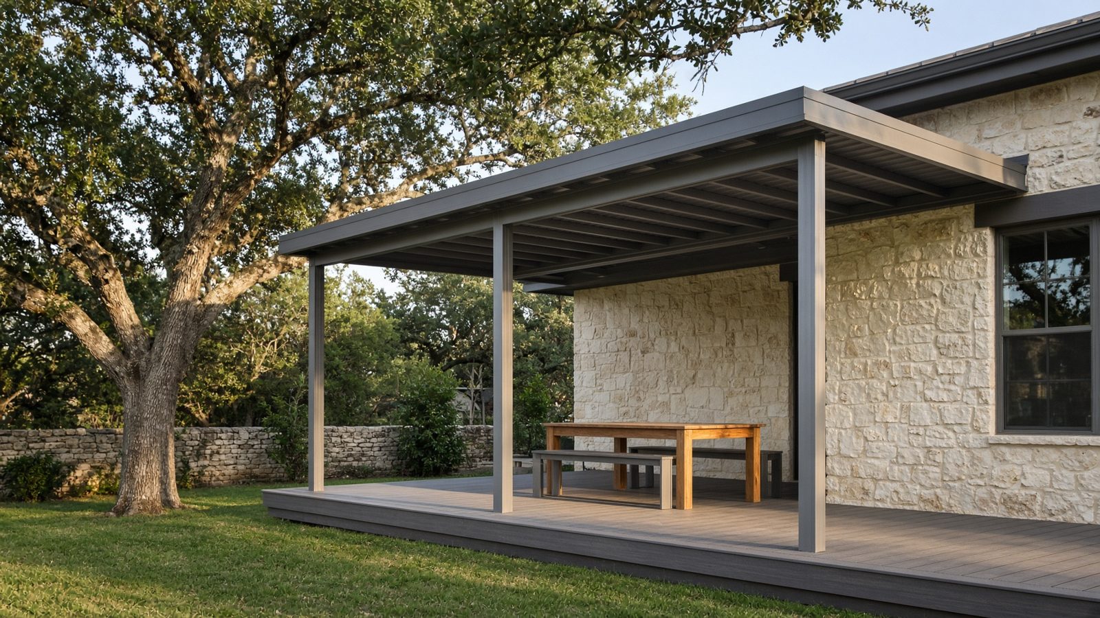 Covered patio and outdoor seating beside a limestone home