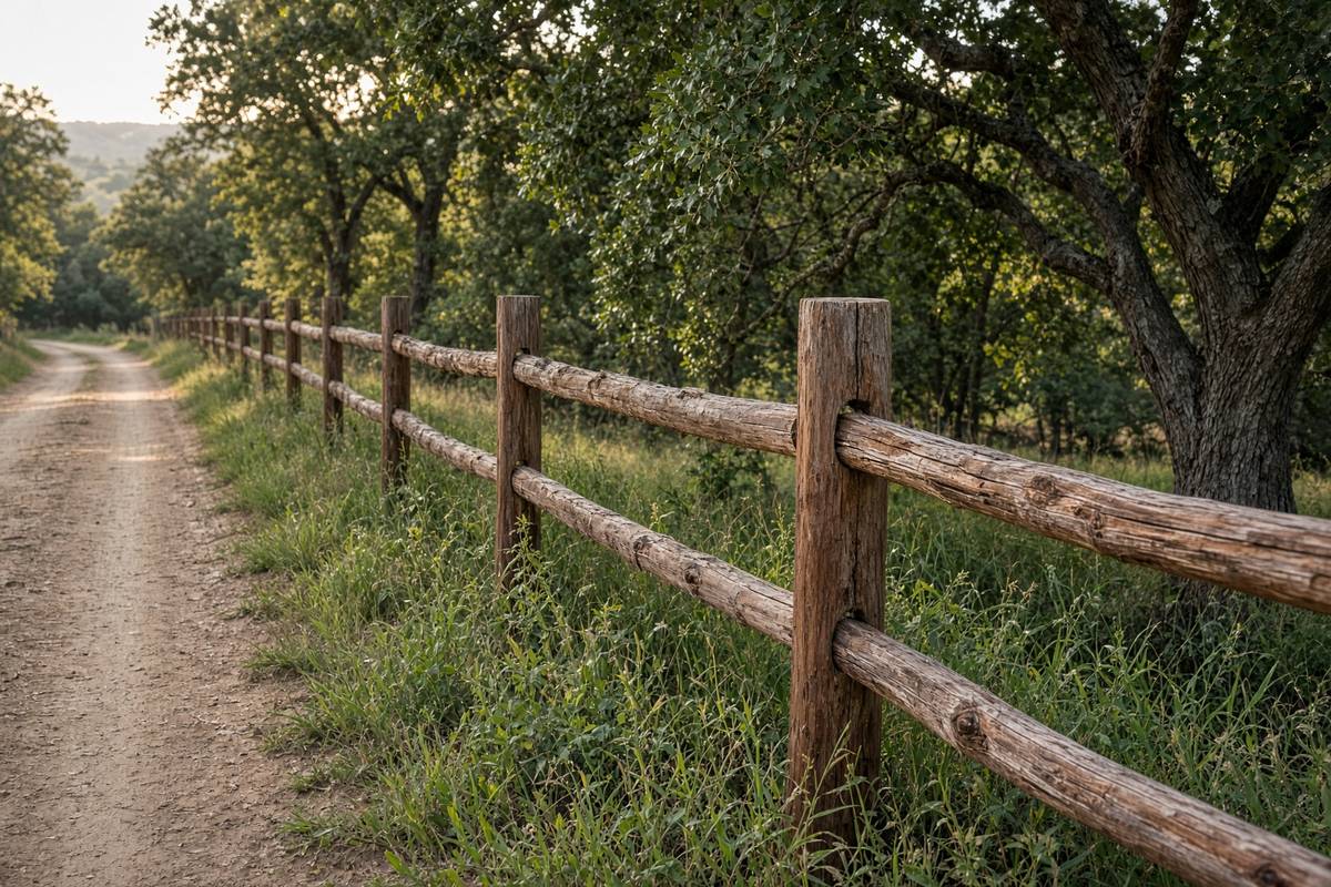 Split-rail fence in a green, tree-lined landscape